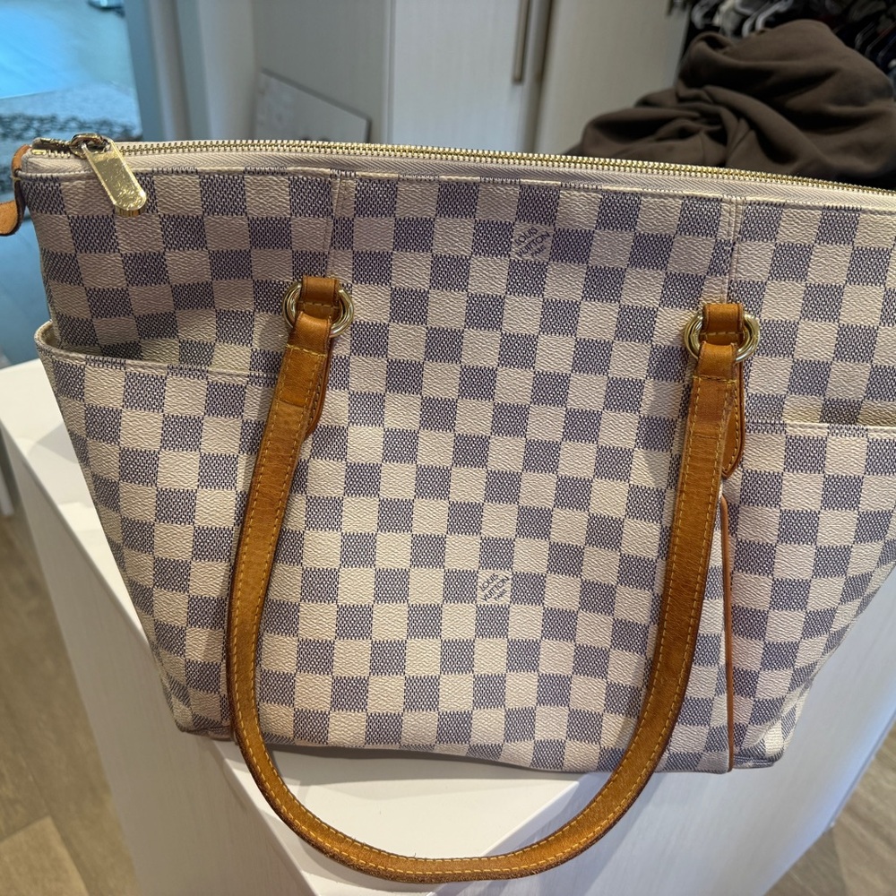 Louis Vuitton Gray Checkered Tote with Tan Handles